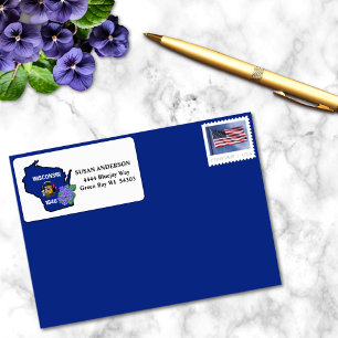 Étiquette Etat du Wisconsin Drapeau et Fleur Bleu Violet