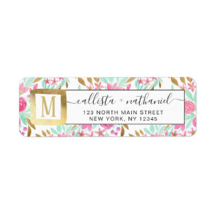 Étiquette Eté rose or Turquoise Aquarelle Fleurs Motif