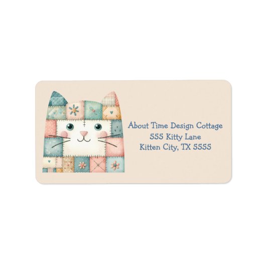 Étiquette Faux Patchwork Pastel Cottage Kitty Face (Devant)