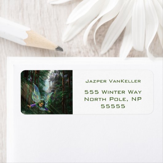 Étiquette Fées de bois et château de cascade (En situation)