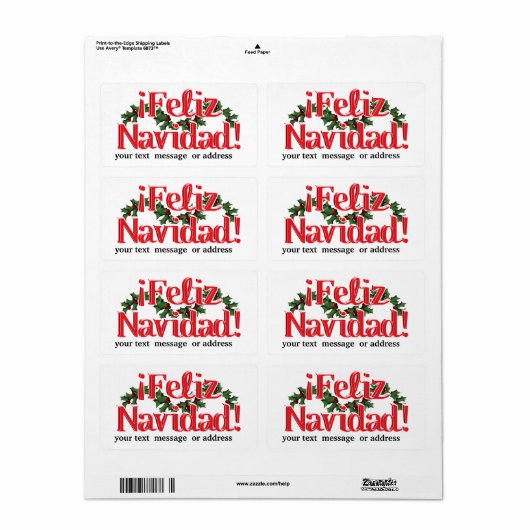 Étiquette Feliz Navidad Avec Holly (Feuille entière)