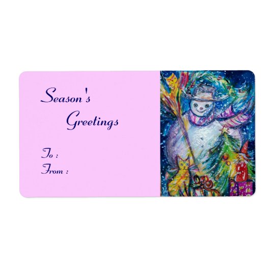 ÉTIQUETTE FEMME DE NEIGE AVEC ARBRE DE NOËL, BOULE ET JOUETS (Devant)