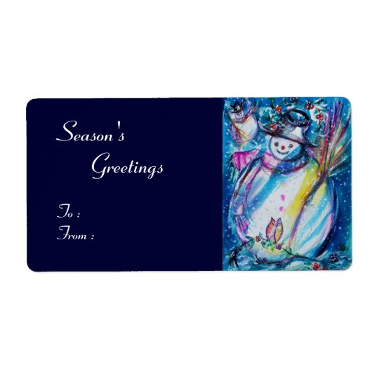 Étiquette FEMME DE NEIGE AVEC OWL, bleu blanc rouge (Devant)