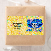 Étiquette Femme de squelette en Bonnet Bleu sur Jaune (En situation)