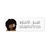 Étiquette Femme noire avec fleur dans son Afro, cheveux natu (Devant)