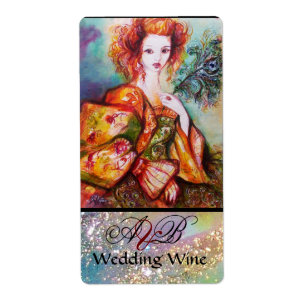 Étiquette FEMME ROMANTIQUE AVEC PEACOCK FEACOCK VIN Mariage