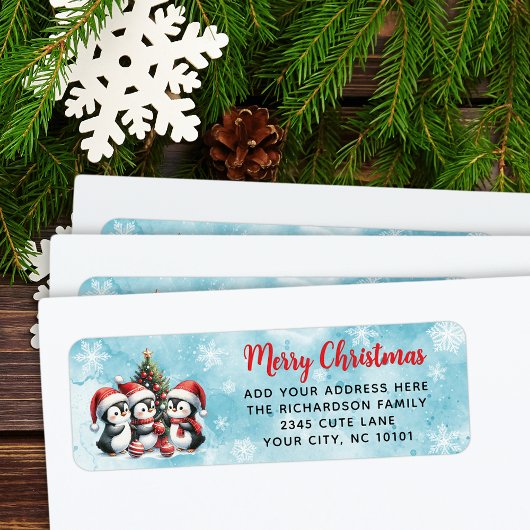 Étiquette Festif Rouge Bleu Joyeux Pingouins de Noël mignons