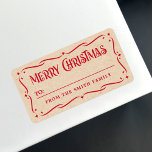 Étiquette Festive Joyeux Noël Kraft look à partir du cadeau<br><div class="desc">Étiquettes de l'étiquette-cadeau de départ avec le texte "Joyeux Noël" dans une police festive, rouge et espace pour vous d'écrire un nom à la main. Voici votre nom de famille et tout est entouré d'une frontière ornée d'étoiles. L'arrière - plan est imprimé (image) papier Kraft. Vous pouvez modifier les couleurs...</div>