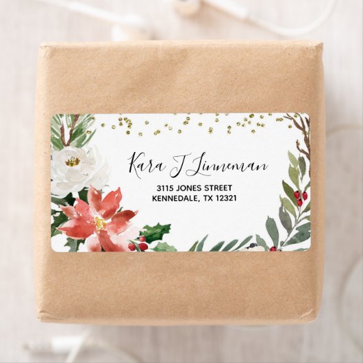 Étiquette Feuillage d'aquarelle Holly Leaf Adresse de Noël L (En situation)