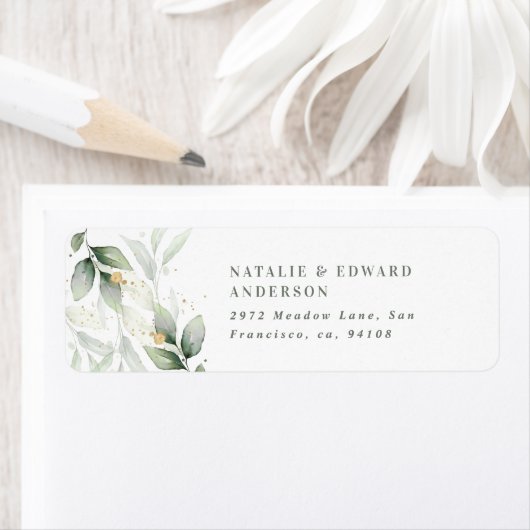 Étiquette Feuillage d'aquarelle, or métallique moderne (En situation)