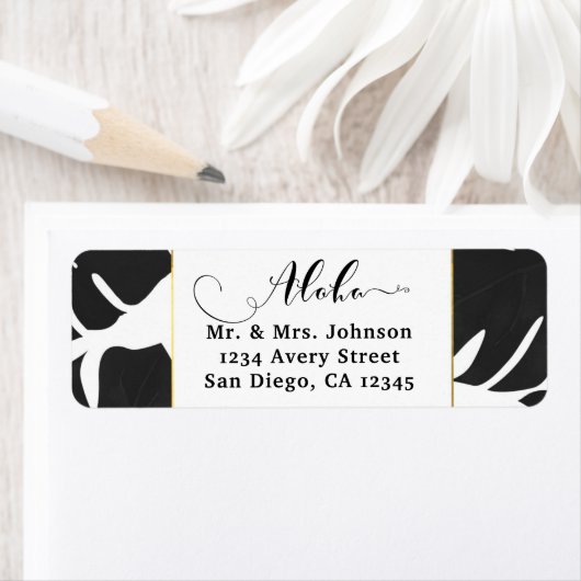Étiquette Feuille Tropical Noir Mariage Blanc & Or (En situation)