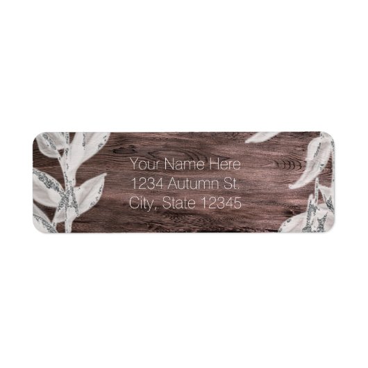 Étiquette Feuilles blancs et argentés & bois rustique Élégan (Devant)