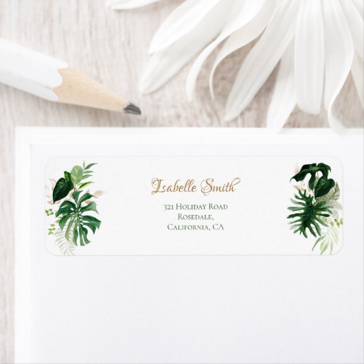 Étiquette Feuilles de Monstera vertes et dorées tropicales R (En situation)