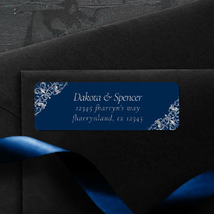 Étiquette Filigree Art déco   Navy Blue and Silver Address