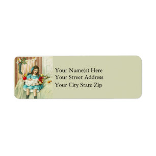 Étiquette Fille le matin de Noël avec poupée Vintage