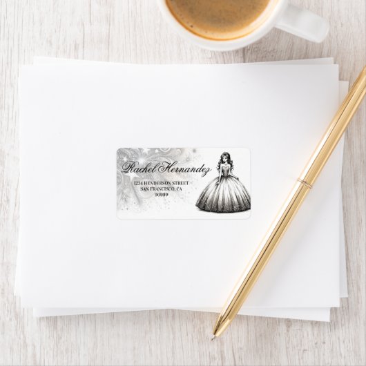 Étiquette Fille Quinceañera noire et blanche (En situation)