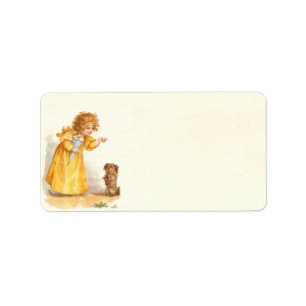 Étiquette Fille victorienne vintage mignonne avec le chiot