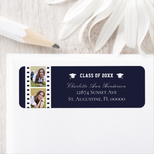 Étiquette Filmstrip Photo Collage Graduation | Adresse bleue (En situation)