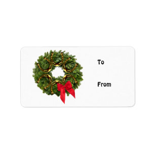 Étiquette Fir Wreath avec Gold Horseshoes et Red Bow