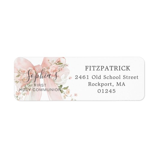 Étiquette First Communion Pink Bow Roses Return Address (Devant)