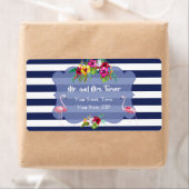 Étiquette Flamant rose tropical Floral Luau Navy Stripes Mar (En situation)