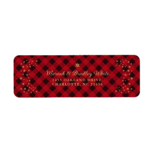 Étiquette Flammes de neige en or de Noël Rouge Buffle Plaid