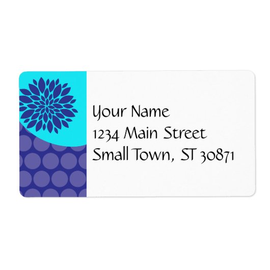 Étiquette Fleur bleue turquoise et Motif Pois violet (Devant)
