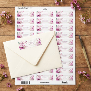 Étiquette Fleur de Prunier Magenta Aquarelle Cadre Double Or
