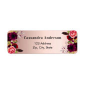 Étiquette fleurons roses en or bordeaux retour adresse étiqu (Devant)