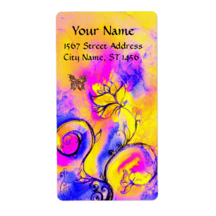 Étiquette FLEURS BLANCHES & BOUTEILLE bleu rose jaune