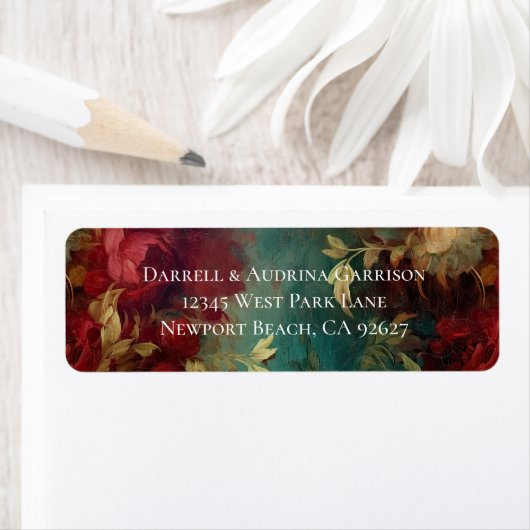 Étiquette Fleurs blanches et rouges romantiques pour mariage (En situation)