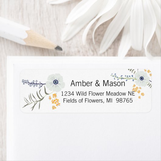 Étiquette Fleurs Bleu Jaune Motif botanique (En situation)