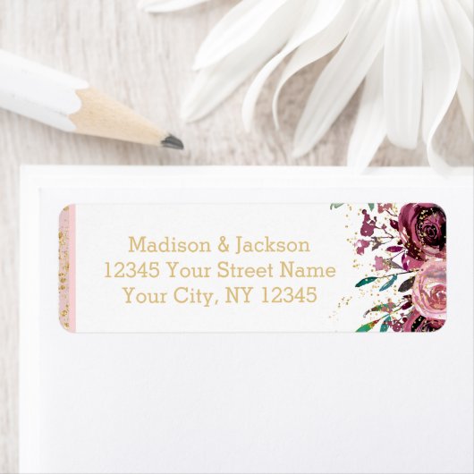 Étiquette Fleurs bleues Bandes Mariage Or Adresse de retour (En situation)