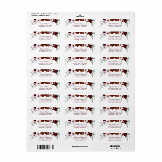 Étiquette Fleurs Bourgognes Mariage élégant (Feuille entière)