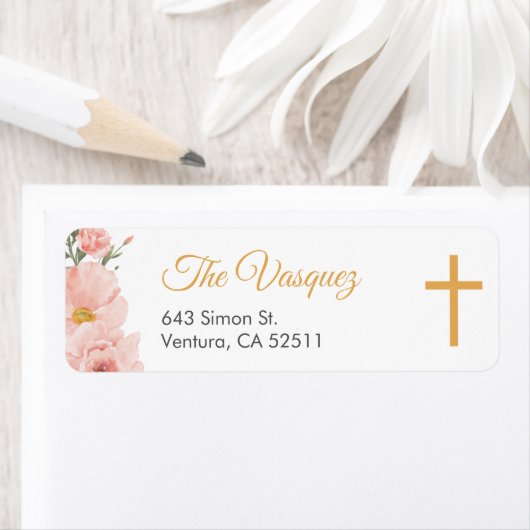 Étiquette Fleurs d'Aquarelle rose Première communion sainte  (En situation)