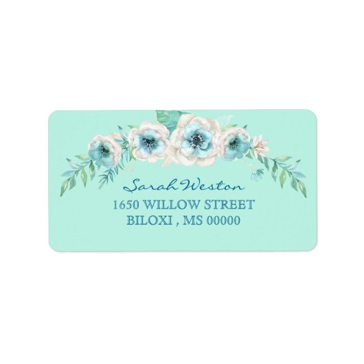 Étiquette Fleurs d'aquarelle vert de mer (Devant)