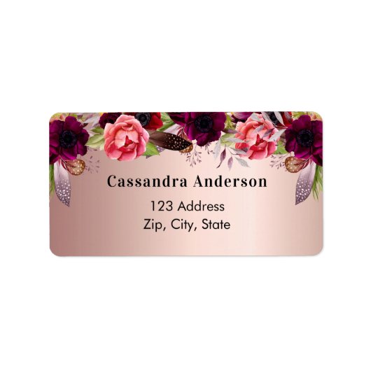 Étiquette Fleurs de bordeaux en or rose adresse de retour (Devant)