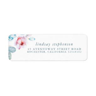 Étiquette Fleurs élégantes aquarelle bleu poussiéreux et ros