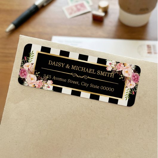 Étiquette Fleurs Élégantes Rayures Noir Blanc Cadre Doré