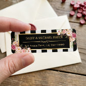 Étiquette Fleurs Élégantes Rayures Noir Blanc Cadre Doré