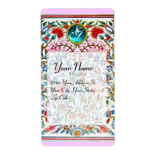 Étiquette FLEURS ORIENTALES DAMAS MONOGRAMME Bleu Rose