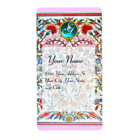 Étiquette FLEURS ORIENTALES DAMAS MONOGRAMME Bleu Rose (Devant)