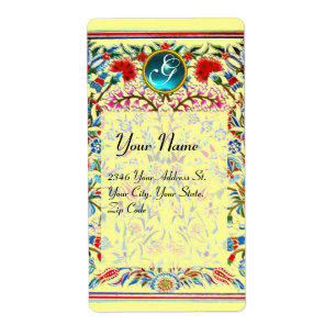 Étiquette FLEURS ORIENTALES DAMASK MONOGRAM Bleu Jaune