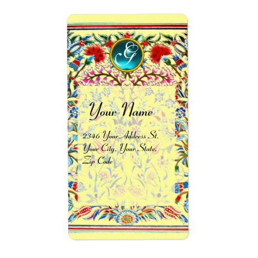Étiquette FLEURS ORIENTALES DAMASK MONOGRAM Bleu Jaune (Devant)
