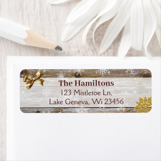 Étiquette Flocon de neige et Bow Bois Noël ou Fêtes (En situation)