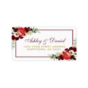 Étiquette Floral Burgundy Gold Boho Adresse Mariage