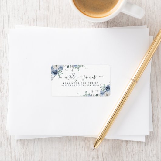 Étiquette Floral Dusty Blue Ivory Rose Adresse de retour (En situation)