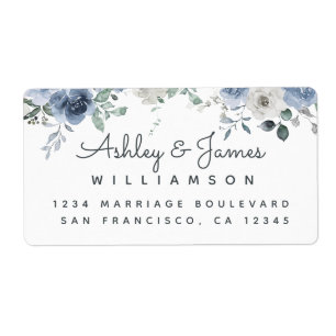Étiquette Floral Dusty Blue Ivory Rose Script Return Adresse