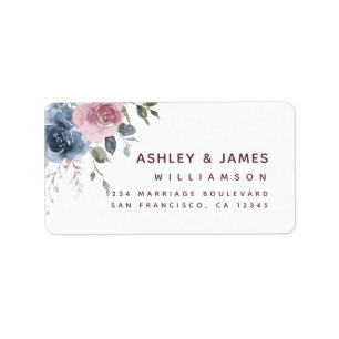 Étiquette Floral Dusty Blue Rose Script Adresse de retour