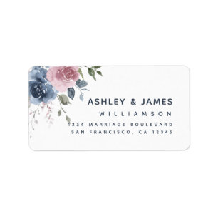 Étiquette Floral Dusty Blue Rose Script Adresse de retour